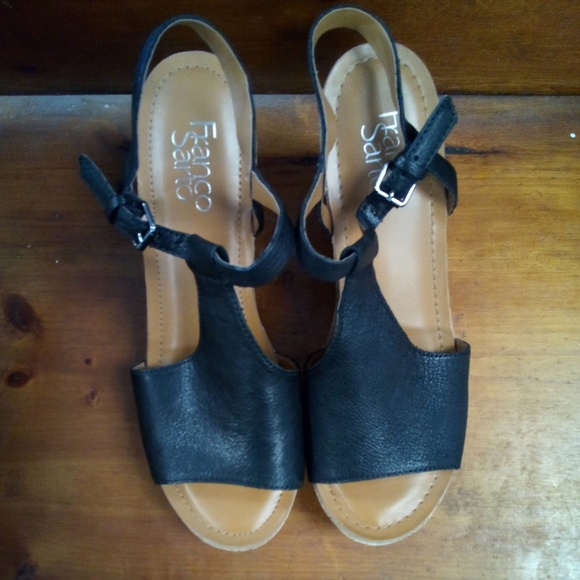 Franco Sarto Clinton Wedge Sandals black leather womens size US 9M EUC - Picture 2 of 10